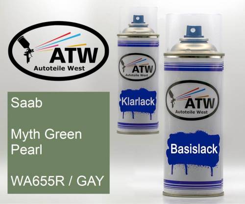 Saab, Myth Green Pearl, WA655R / GAY: 400ml Sprühdose + 400ml Klarlack - Set, von ATW Autoteile West.